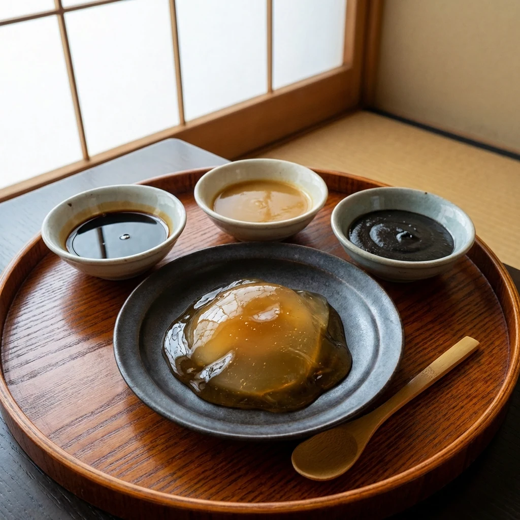 三種類のソースを添えた生わらび餅の提供イメージ